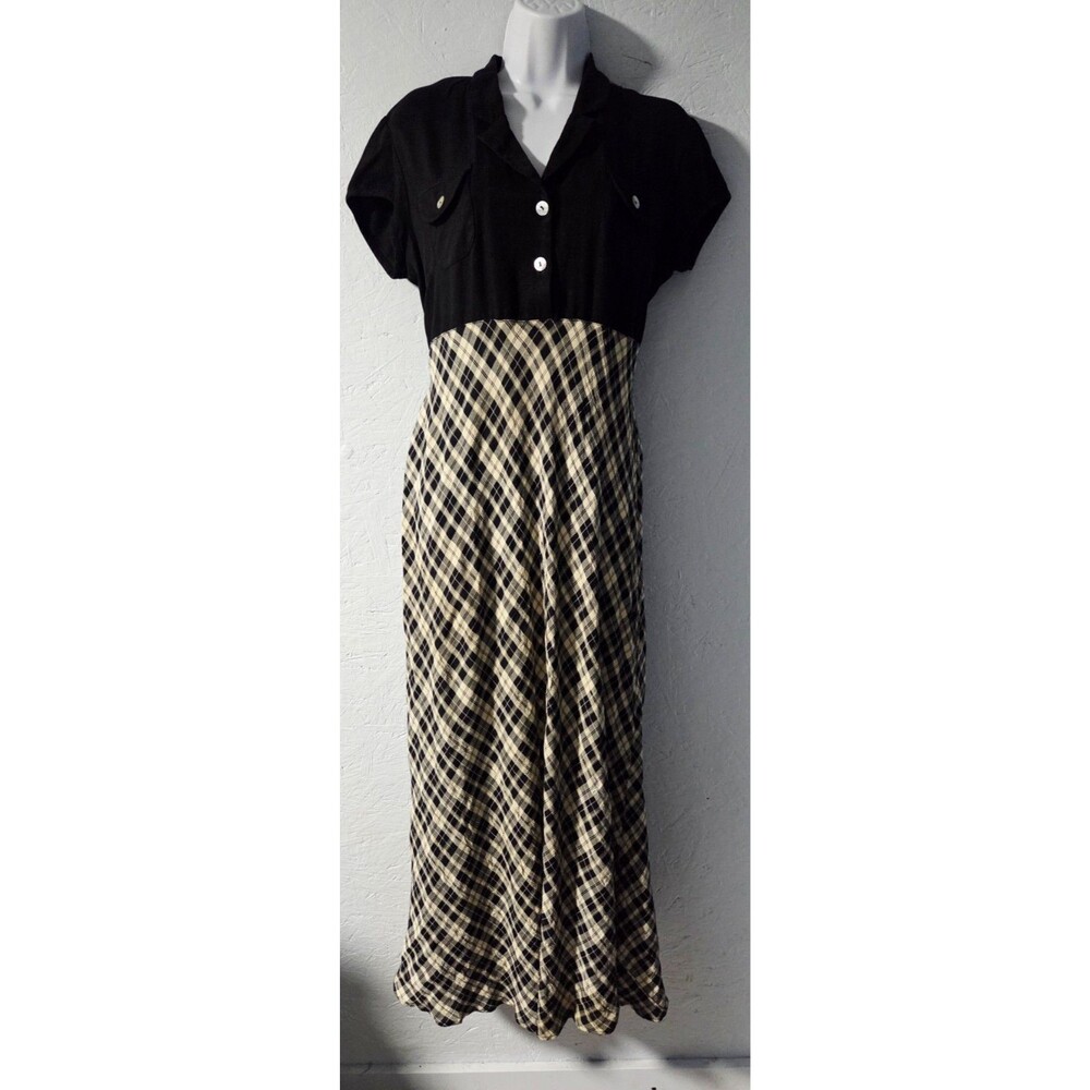 Vintage 90s Black & Ivory Plaid Maxi Dress - M